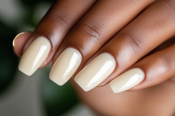beautifully manicured hand with smooth, oval-shaped nails painted in a soft butter yellow shade. The high-gloss finish reflects natural light, emphasizing the creamy pastel hue