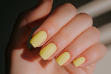 beautifully manicured hand with smooth, oval-shaped nails painted in a soft butter yellow shade. The high-gloss finish reflects natural light, emphasizing the creamy pastel hue