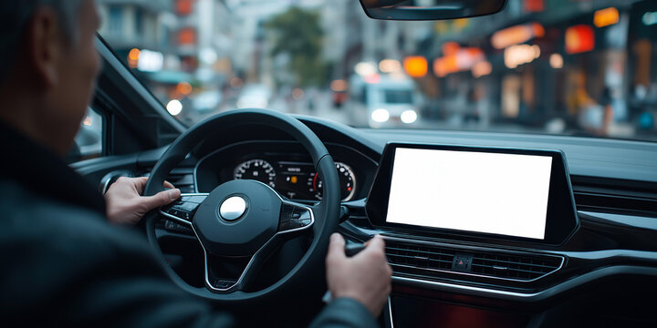 Back seat view of driver using car dashboard gps navigation on dashboard in urban city street
