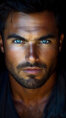 Close-up portrait of a handsome man with intense blue eyes and a beard.
