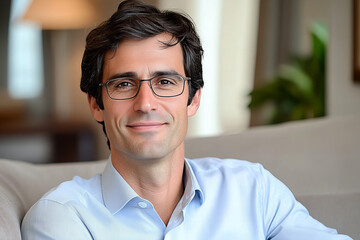 Fototapeta premium Close-up portrait of a cheerful man with glasses in a light blue shirt, showcasing a confident and approachable personality, ideal for business, lifestyle, and professional themes in natural indoor li
