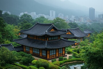 Serene Beauty of a Traditional Korean Hanok House with a Curved Roof
