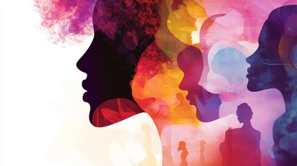 International Women's Day banner concept. Vector modern flat illustration of a silhouette of a female portrait in profile against a background of a pattern of diverse female figures