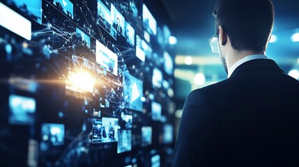 Businessman viewing digital data wall.