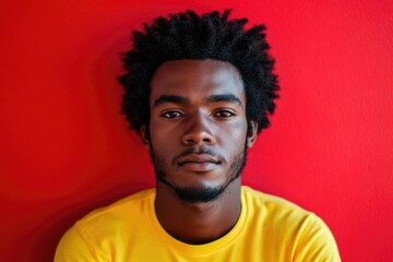 Obraz premium A close-up portrait of a young man exuding confidence, his intense gaze contrasting beautifully against a vivid red background, evoking emotions of strength and contemplation.