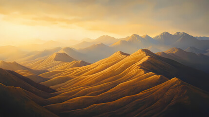 Golden light creeps over mountain ridges at dawn, golden, soft. Gilded Ridge. Illustration