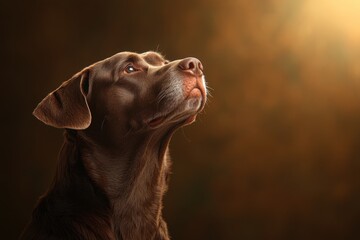 Obraz premium Brown dog is looking up at the camera. The dog is looking at the camera with a curious expression