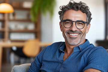 Portrait of a smiling man wearing glasses in a casual blue shirt, relaxed indoor setting, professional yet approachable demeanor, perfect for business, lifestyle, and personal branding concepts.