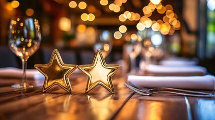 Two golden stars standing on a table in a restaurant setting for a five star review