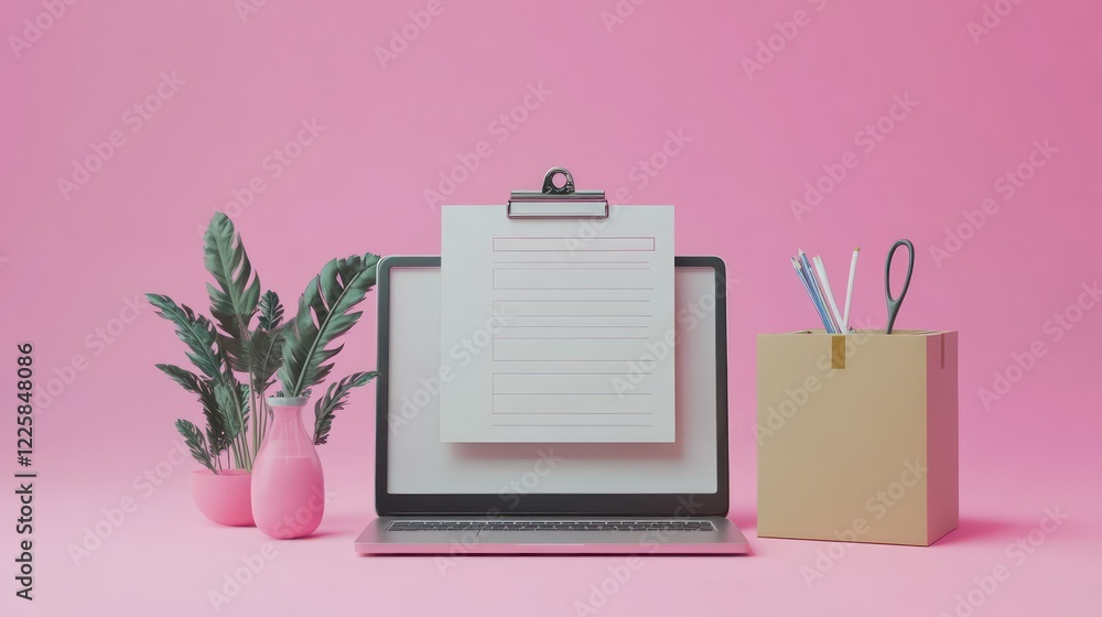 Poster 3d laptop computer device with checklist and cardboard box or parcel box 3d render