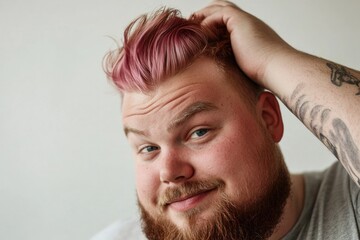 Obraz premium A playful image of a charming man showcasing a vibrant pink hairstyle, smiling and engaging viewers with lighthearted charm and positive energy in a minimalist setting.
