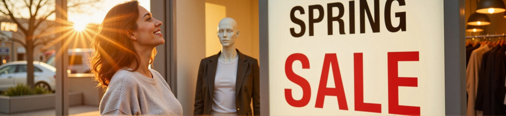 Cheerful woman admiring spring sale sign in contemporary store, shopping