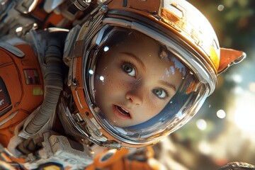 girl in a space suit with a surprised expression on her face. a child in space, a pioneer, technology, science, fiction. An exciting space adventure. astronaut