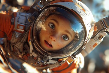 girl in a space suit with a surprised expression on her face. a child in space, a pioneer, technology, science, fiction. An exciting space adventure. astronaut