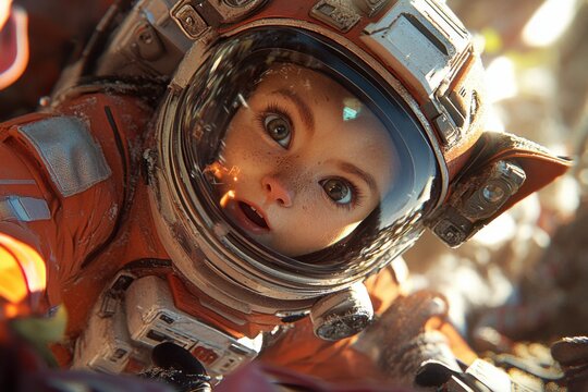 girl in a space suit with a surprised expression on her face. a child in space, a pioneer, technology, science, fiction. An exciting space adventure. astronaut - Powered by Adobe