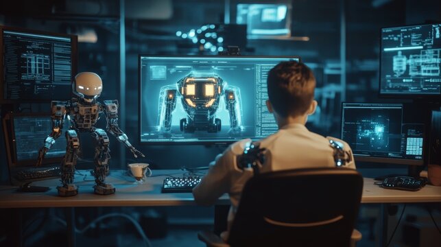 Kids learning to coding, programming in online IT school. Engineering courses in internet for talented children. Boy studying game development, robotics technology, creations program code on computer