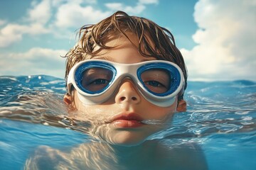 Fototapeta premium A close-up of a child's face in swim goggles partially submerged in clear blue water, capturing a serene moment of playfulness and summer joy under a bright sky.