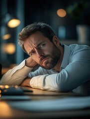 Fototapeta premium Office worker showing fatigue, leaning on a desk with tired expression, corporate workplace with subtle lighting