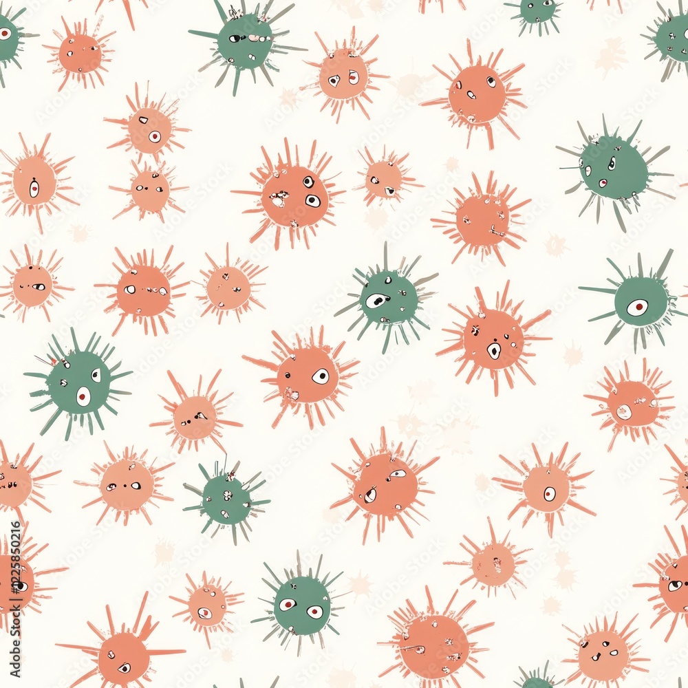 Poster a vibrant pattern features various light-colored viruses with unique faces, creating a playful atmos