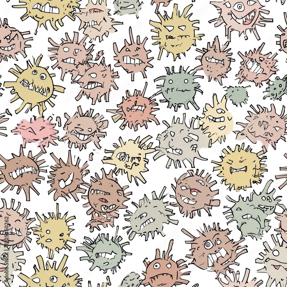 Poster a variety of animated viruses with angry expressions are illustrated in light colors. the playful de