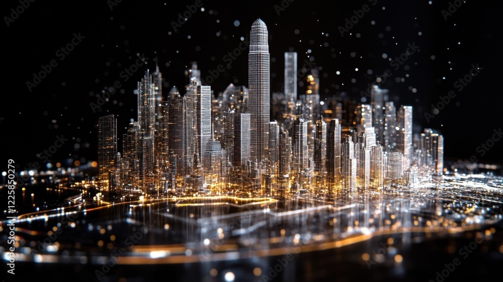 Poster a threedimensional skyline of translucent buildings each representing a different industry interconn