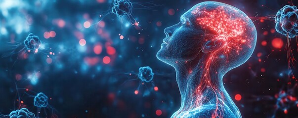 Infographic depicting nerves impacted by Guillain-Barre Syndrome, with a medical theme in blue and red colors.