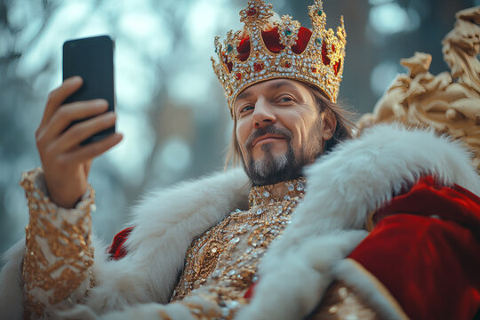 toxic masculinity concept, a man dressed as a king taking a selfie with his phone