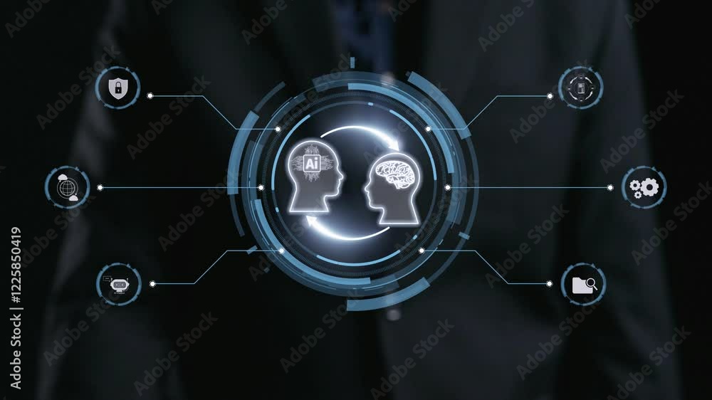 Poster human interact with ai artificial intelligence brain processor in concept of ai artificial intellige