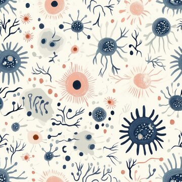 Vibrant illustrations showcase various angry viruses in light colors, creating a lively and dynamic pattern. This artistic representation conveys a unique take on micro-organisms