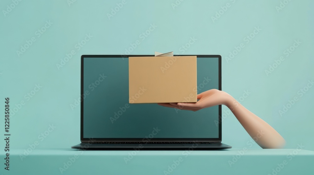 Aufkleber 3d laptop screen computer device with hand holding a cardboard box icon 3d render