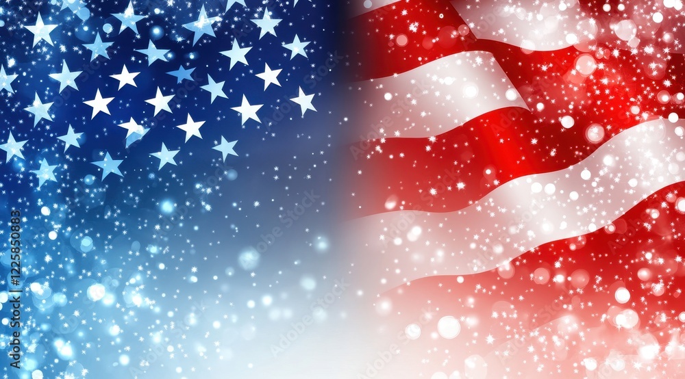 Aufkleber digital background featuring an american flag with bokeh lights on the right, leaving room for text 