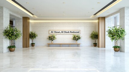 Fototapeta premium Modern lobby interior design, sale sign, plants, marble floor, bright lighting, commercial space