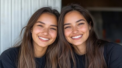 Two best friends share a joyful moment, smiling widely against a garden backdrop, encapsulating the warmth and bond of friendship.