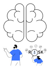 Outline of human brain paired with figures examining risk through magnifying glass, surrounded by analysis icons. Ideal for problem-solving, decision-making, strategy, risk management, analysis