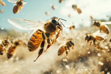 Bees actively buzz in a sunny field, collecting nectar from vibrant flowers. The warm summer day highlights their importance in pollination and agriculture, enriching the environment