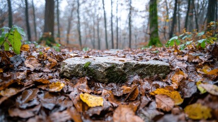 Autumnal forest path stone, wet leaves, trees background, nature scene