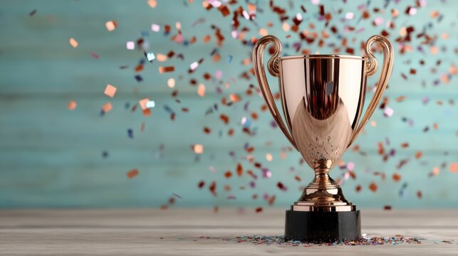 A gleaming champion's cup stands triumphant as colorful confetti rains down, evoking celebration, victory, and the joy of achievement.