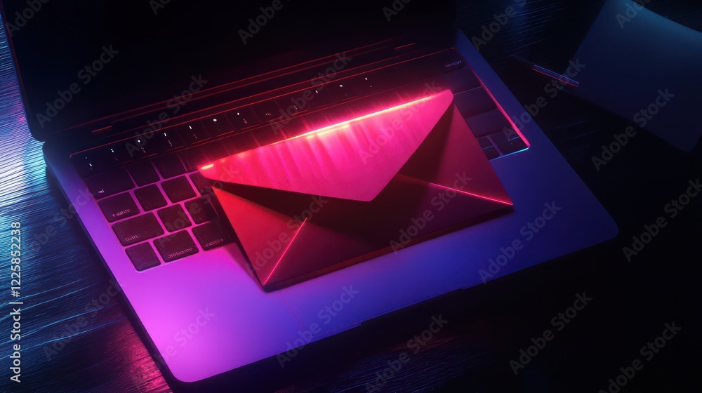 Poster 3d letter or email envelop with notification unread messages reminder on laptop 3d render