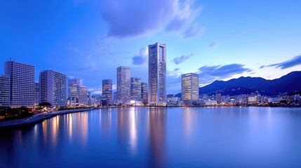Fototapeta premium Yokohama city skyline at twilight, reflecting in calm waters, mountains in background; ideal for travel brochures