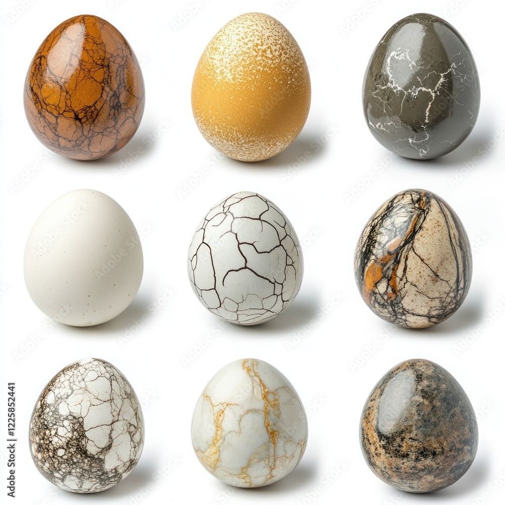 Poster decorative eggs in different colors and patterns are arranged in a neat grid. each egg showcases dis