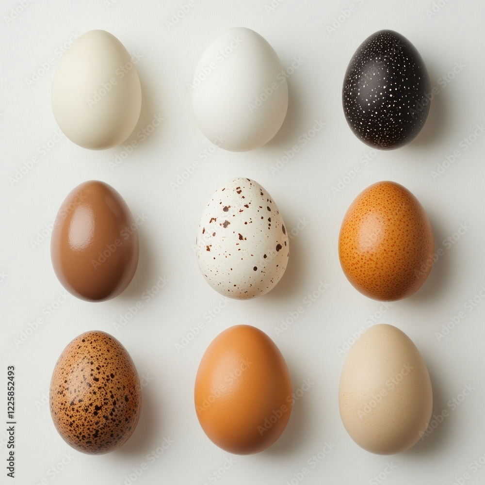 Poster Nine eggs of different shapes and colors are arranged neatly on a plain white background. The diverse textures and patterns highlight their unique characteristics