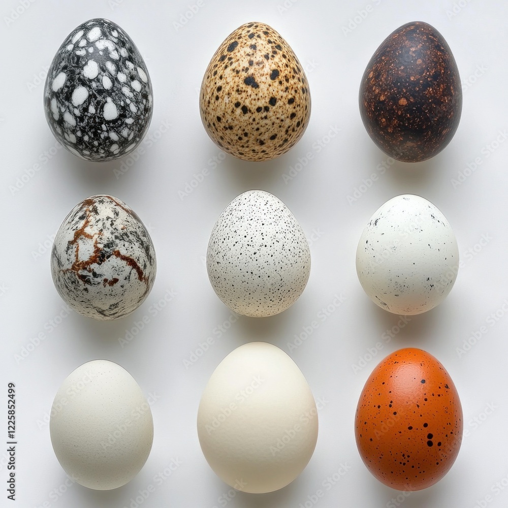 Poster a collection of nine decorative eggs arranged neatly on a white background, displaying various shape