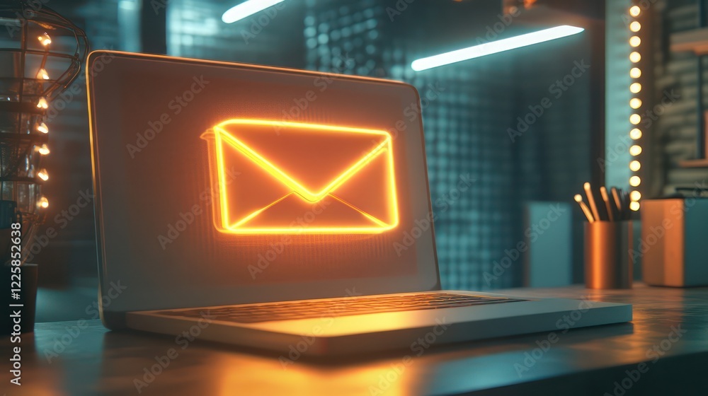 Poster 3d letter or email envelop with notification unread messages reminder on laptop 3d render