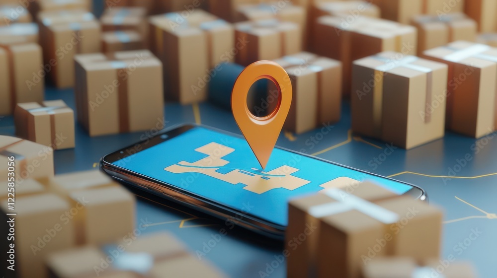 Poster 3d location map pin in smartphone and group of parcels box.gps and 3d render