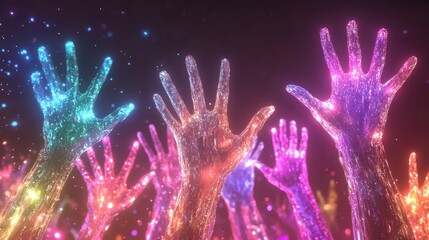 Multiple translucent, glowing hands reaching upwards against a dark background, embodying themes of unity, celebration, hope, and spiritual connection in a vibrant, ethereal display