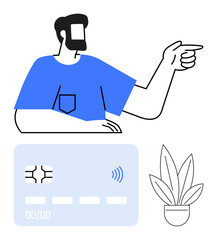 Man in blue shirt pointing right, emphasizing digital contactless card below, potted plant addition. Ideal for payment systems, digital banking, e-commerce, sustainability, innovation, teamwork