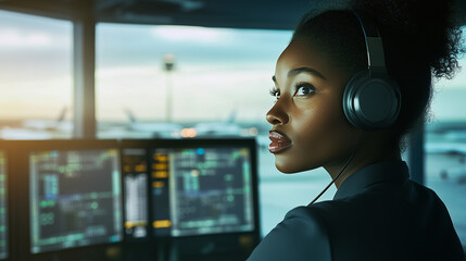 Female Air Traffic Controller in a Control Tower