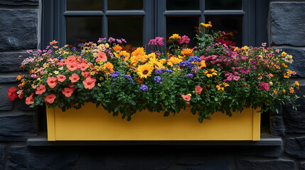 Fototapeta premium Colorful flowers in window box, stone building background, summer garden scene, home decor