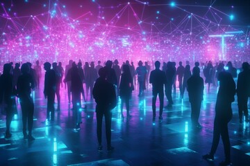 Silhouetted people stand under glowing network of lights.