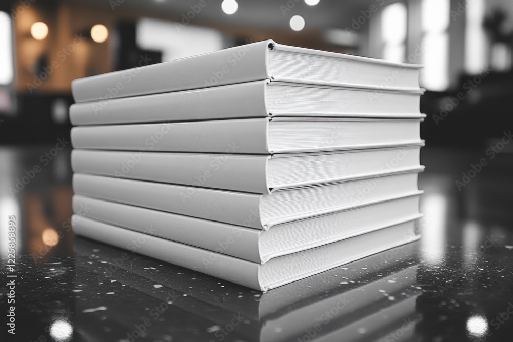 Poster a stack of blank, white-covered books is positioned on a dark reflective surface, creating a contras